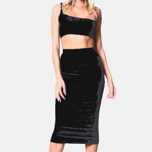 Lux LA Midi Set Black One Shoulder High Waisted Women's Sz L